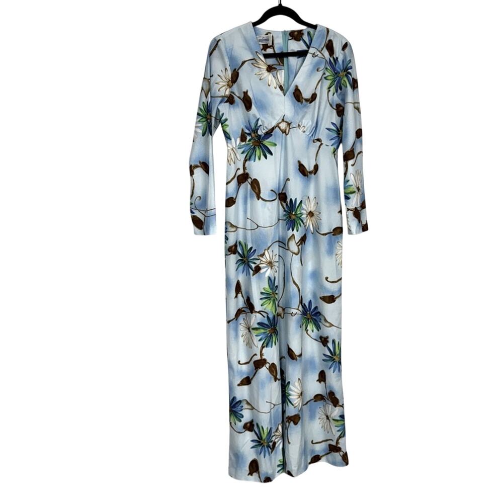 Vintage 1970s Andrade Hawaiian Blue Floral Maxi Dress Womens 10 Tropical Island